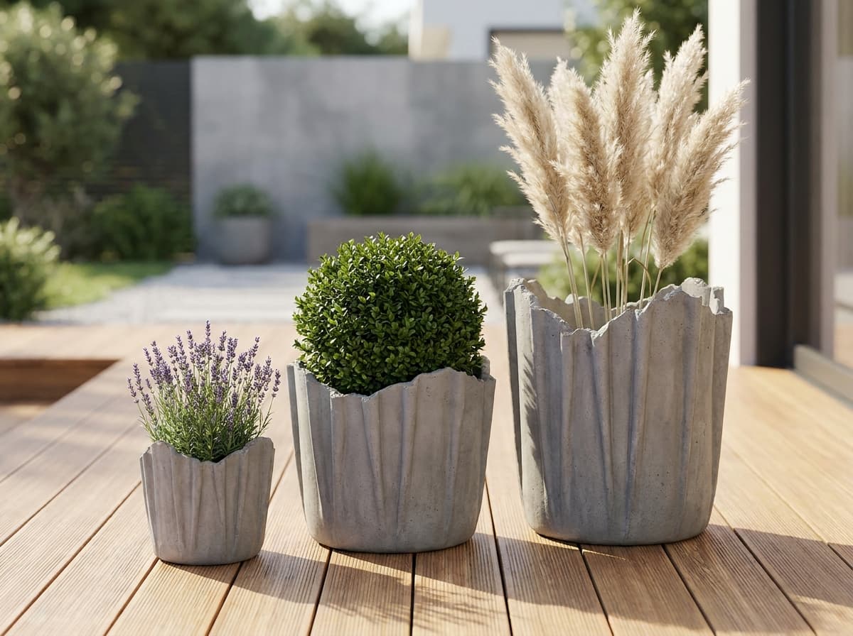 Drei Größen handgefertigter Beton-Pflanzgefäße auf Holzterrasse mit Lavendel, Buchsbaum-Kugel und Pampasgras